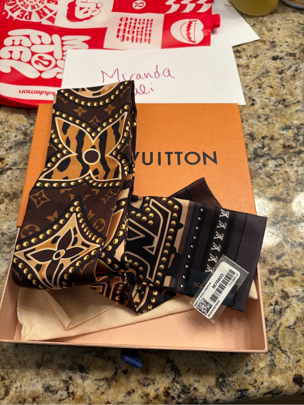 Louis Vuitton Brown & Gold Patterned Silk Twilly Scarf world tour nwt